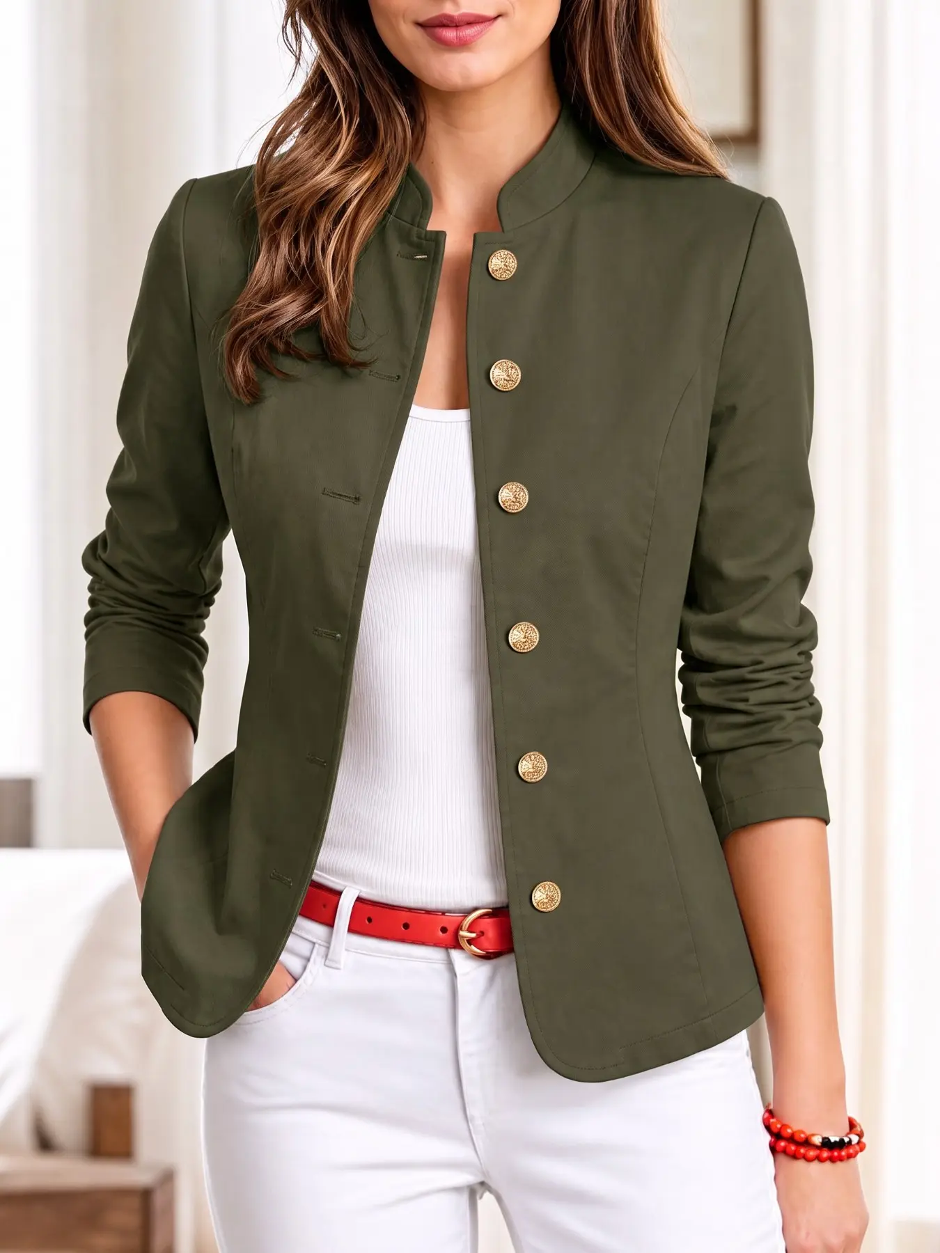 ZANZEA Women's Fashion Stand Collar Button Front Long Sleeve Jacket, Casual Solid Color Coat, Slim Fit, All Seasons, Medium Length