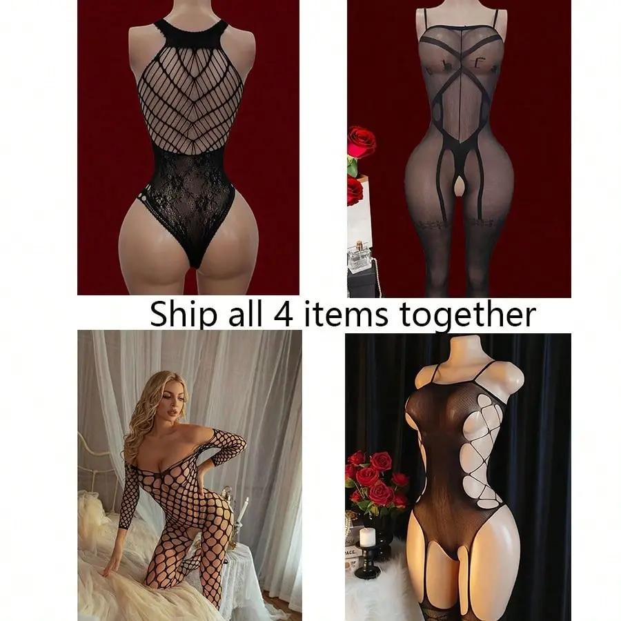 4-Pcs Black Sheer Mesh Lingerie Set - No Gusset, Open Crotch, Transparent Spicy Women's Costume Wear (For Party Supplies, Leg Warms, Pantyhose Category)