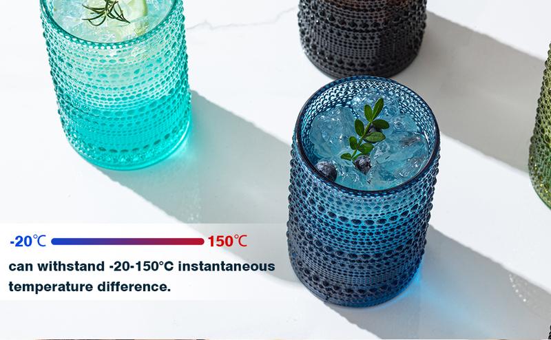 Polidream Vintage Glassware Set - 4pcs Drinkware Multicolor 15.2oz Hobnail Drinking Glasses for Beer, Cocktail, Soda & Juice - Embossed Old Fashioned Glassware with Four Unique Colors   wineglass anthropologie  juice