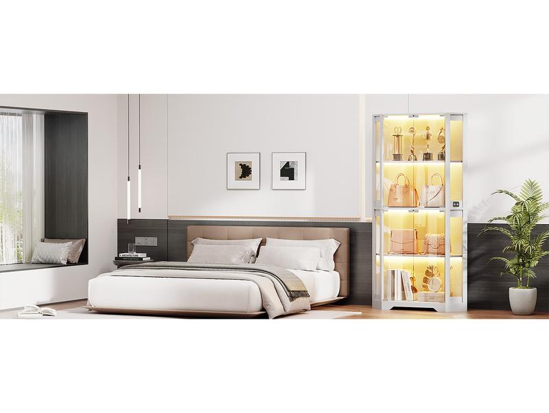 BROTTAR Corner Display Cabinet with Glass Doors, 65" Lighted Curio Display Case with 3 Color Lights for Collectibles, 4-Tier Corner Display Case with Human Body Sensor for Living Room,Large Storage Capacity, White