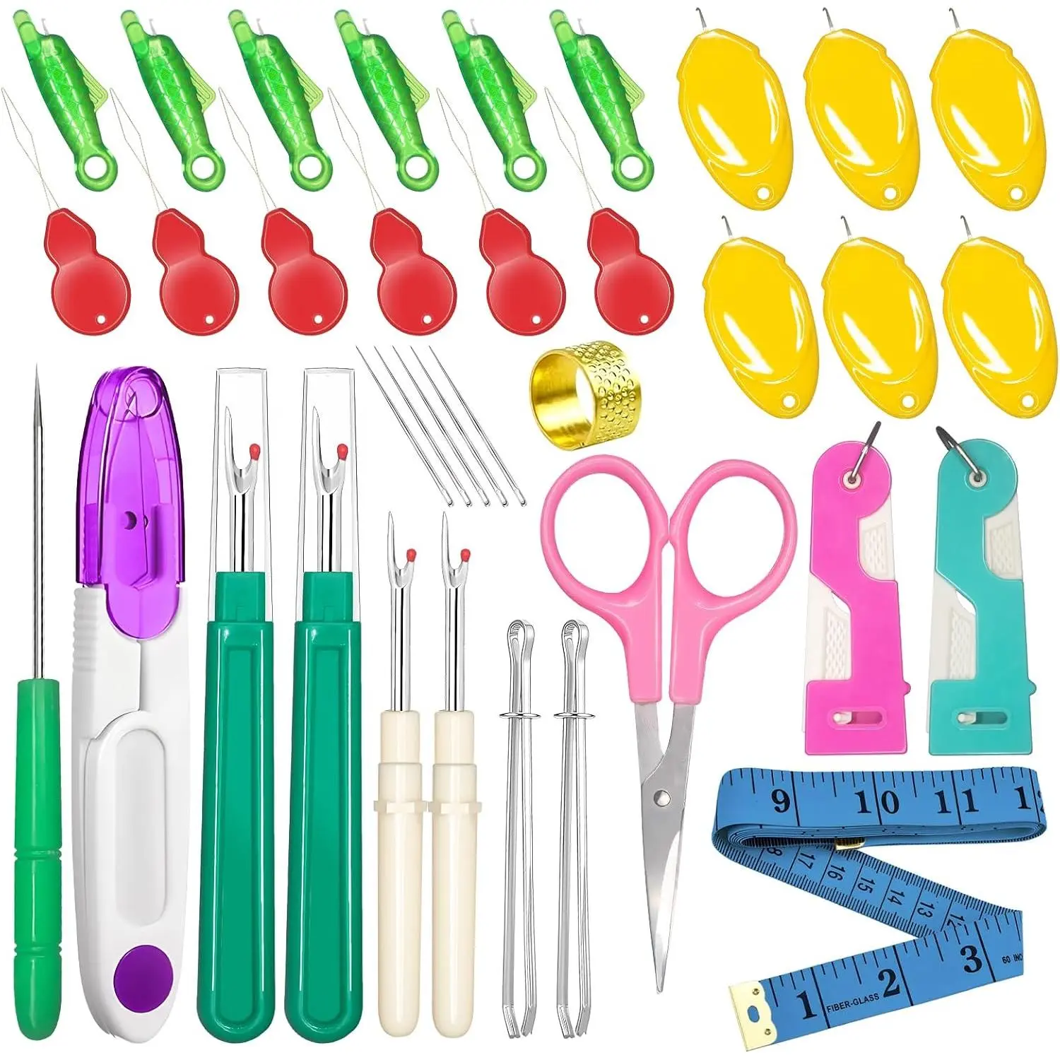 33 count Sewing Tool Kit - with Automatic  Threader/Fish Mouth Easy Threader/Gourd and Thumb Shaped Simple Threader/Seam Rippers/Thread Snips/Drawstring Threaders/Awl/Thimbles/