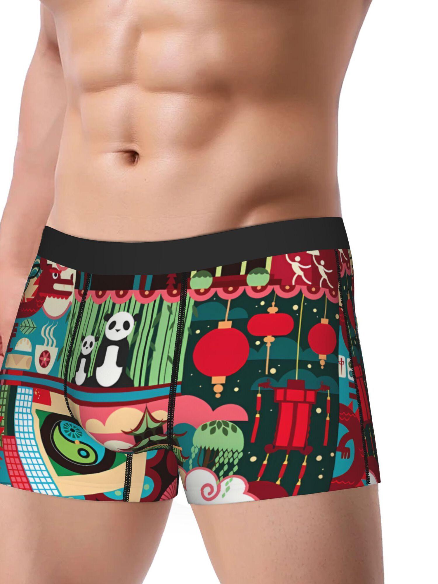 BIIHUDU Men's Saint Basil's Cathedral & Panda Print Polyester Briefs - Mid-Stretch Non-Transparent Underwear, Vibrant Cultura