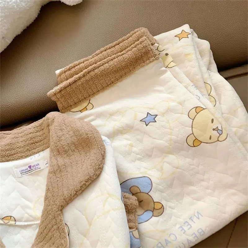 Kawaii Rilakkuma Sleepwear Cute Cartoon Women's Autumn Winter Cotton Warm Pajamas Student Home Clothes Two-piece Set Girl's Gift