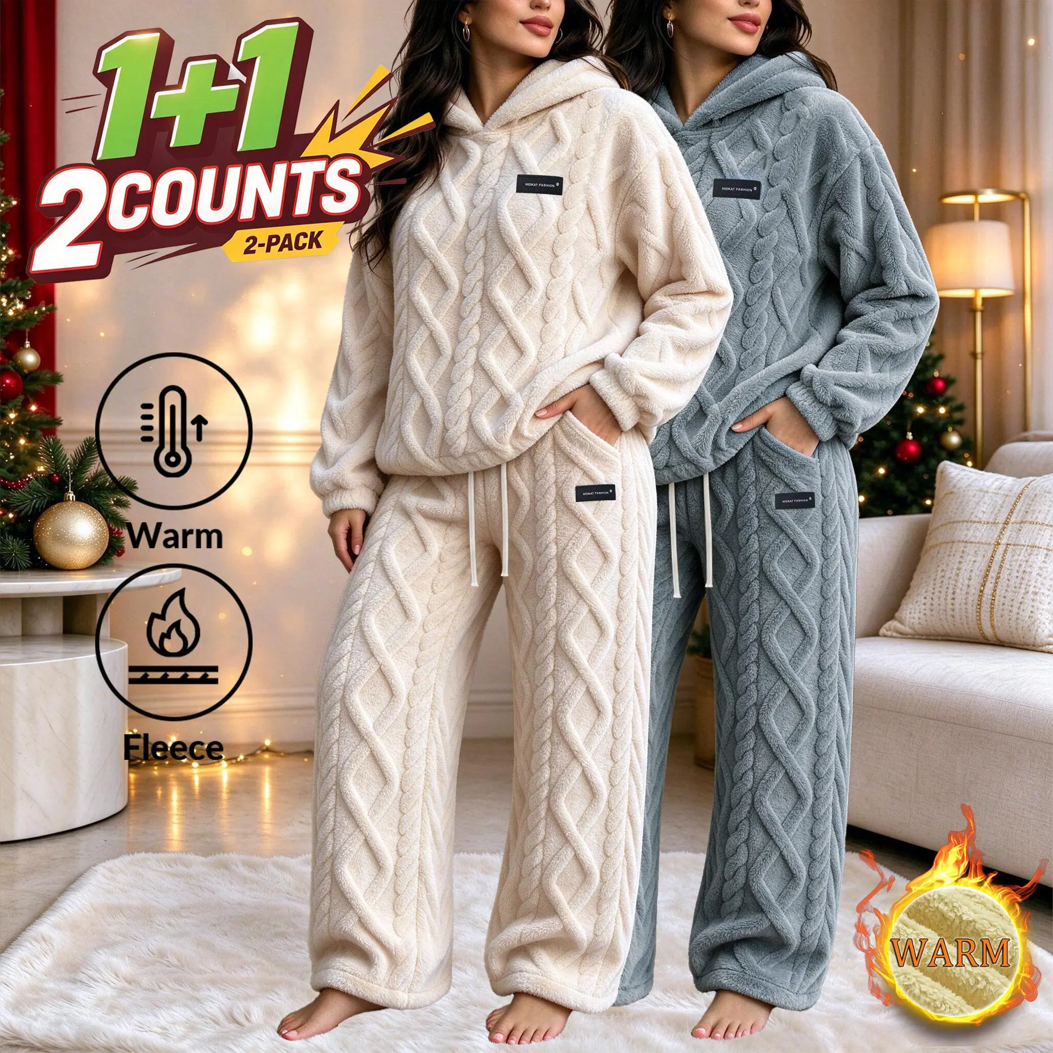 Women's Jacquard Plush Hooded Lounge Set: 2-Pack Hoodie + 2-Pack Straight-leg Pants. Elastic Drawstring Waist, Loose Comfy Fit and Side Pockets. Soft Plush Fabric, Great for Fall & Winter Home Wear. Perfect Gift for Christmas, Thanksgiving.