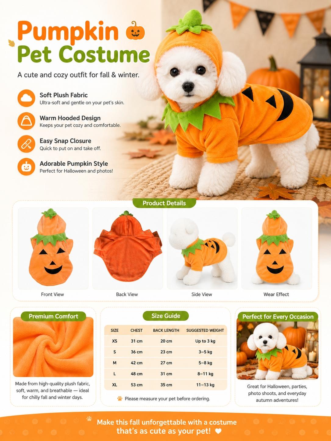 Cute Halloween Pet Pumpkin Costume, Animal Costume, Warm Fall Winter Coat for Dogs Cats, Hooded Cape, Soft Plush, Easy on Off, Festive Photo Prop