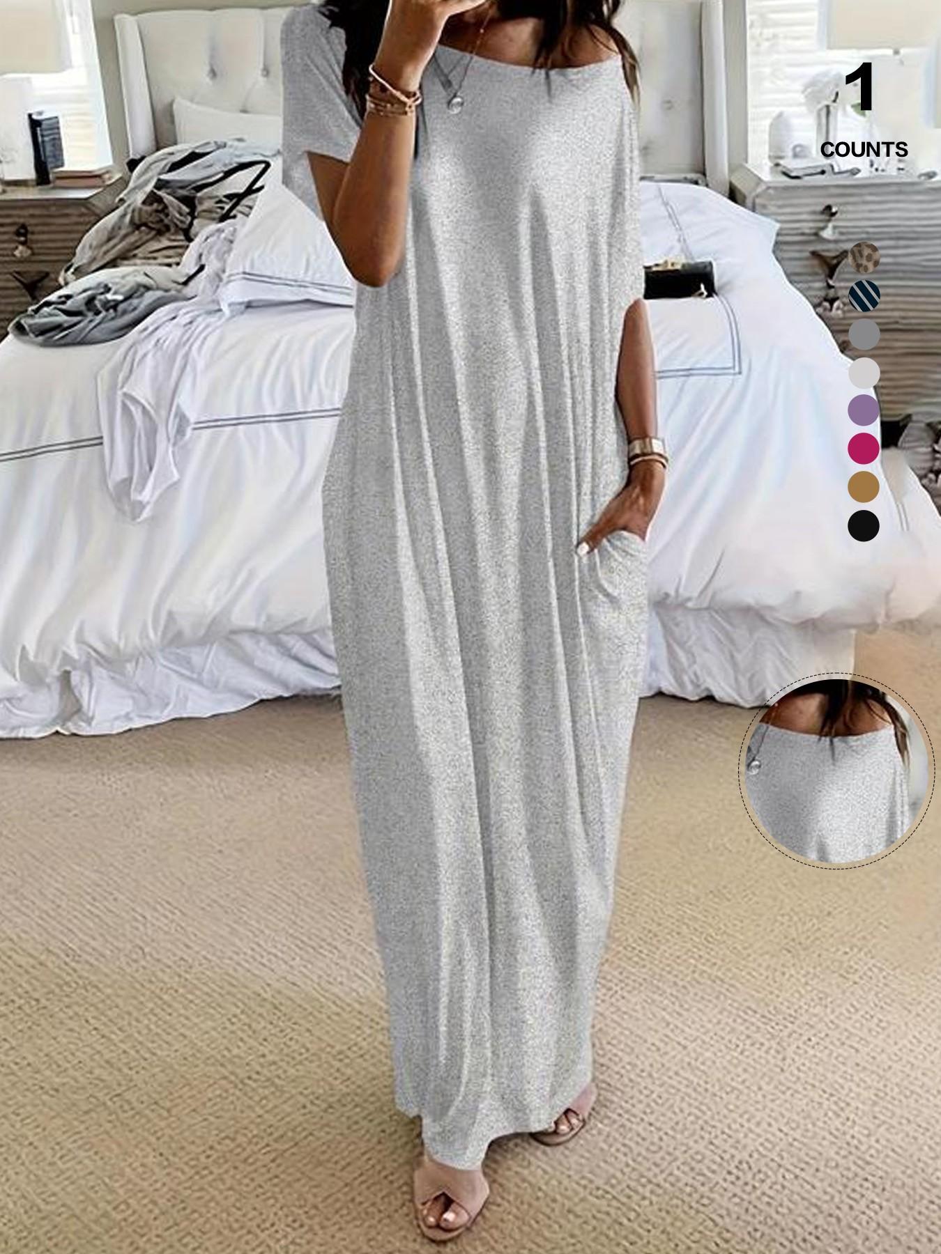 Women's Solid Color Batwing Sleeve Lounge Dress, Casual Comfy Short Sleeve Nightdress, Ladies Sleepwear for All Seasons