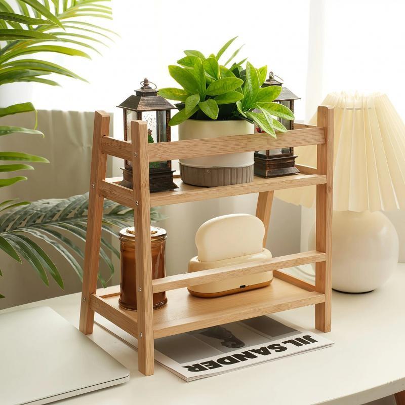 2 Layer Bamboo Display Organizer Racks, Multi-Functional Rustic Style for Kitchen, Cosmetics, Potted Plants, Easy Assembly, Vintage Home Decor