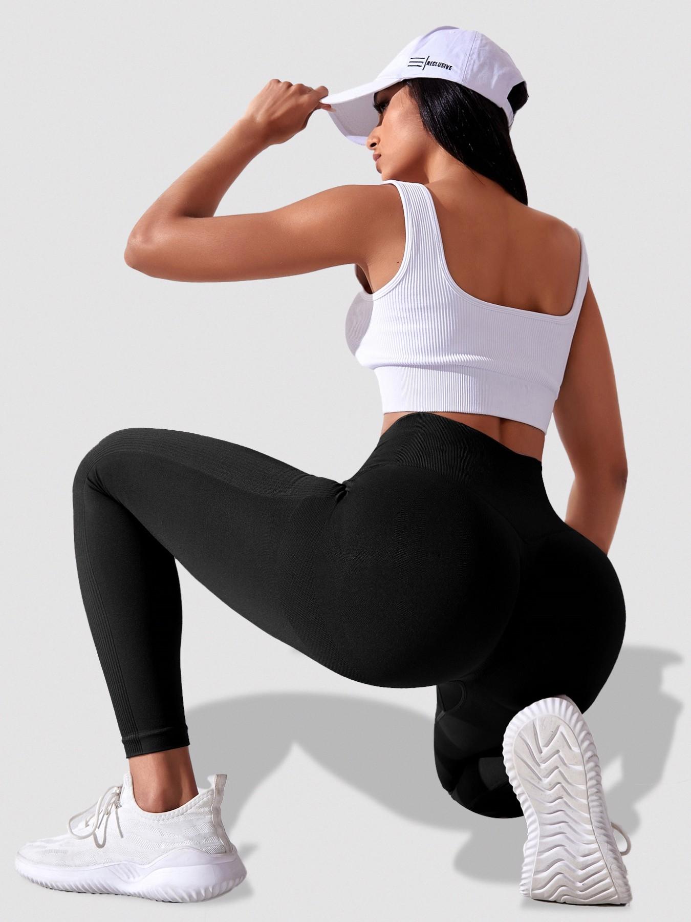 Women's Seamless Knitted Yoga Pants, High Waist Tummy Control Workout Pants, Elastic Smiling Peach Butt Fitness Pants, Body Sculpt Leggings, Gym Sportswear Bottoms, High Waists Leggings, 200g