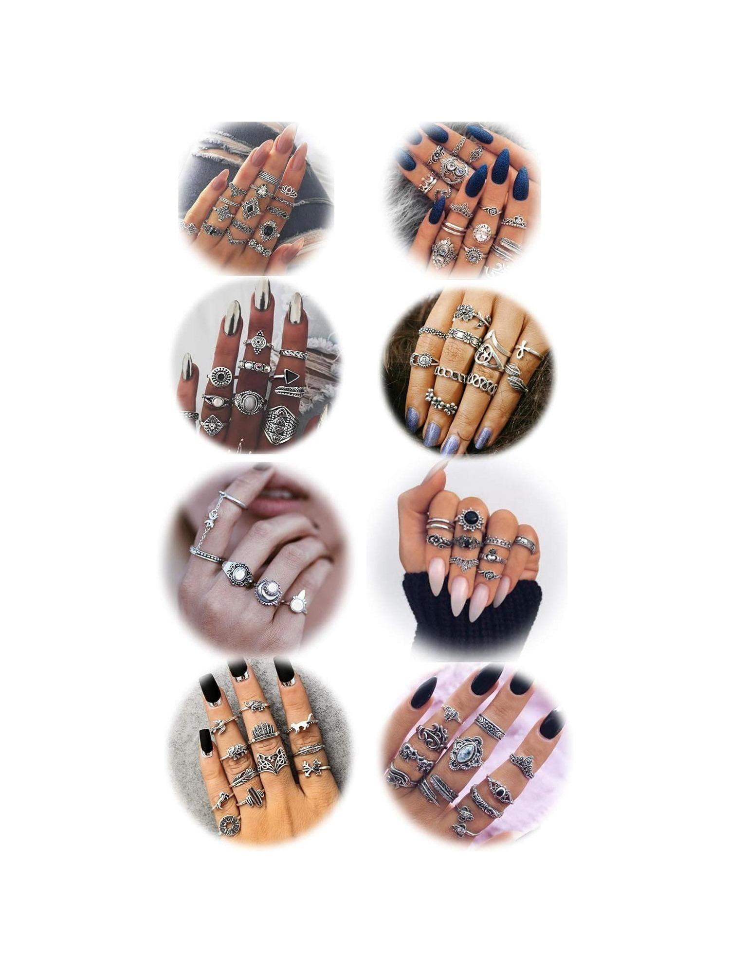 90 Pcs Vintage Silvery Stackable Ring Set for Women Men Bohemian Retro Midi Knuckle Rings Pack Hypoallergenic Alloy with Floral Geometric Snake Moon Patterns Punk Boho Style Jewelry Perfect for Daily Outfits Parties Gifting