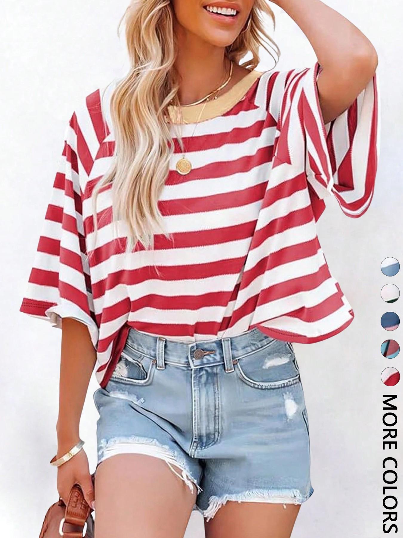1 Piece Casual Minimalist Striped Pattern Round Neck Short Sleeve Loose Women's T-Shirt, Suitable For Summer, Oversized T Shirt