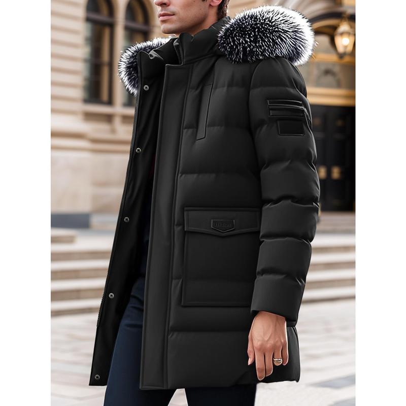 Men's Hooded Long Parka Coat, Thick and Warm Winter Coat, Detachable Fluffy Faux Fur Hat, Large Storage Pocket, Suitable for Skiing and Daily Commuting in Cold Weather, Men's City Outdoor Outerwear