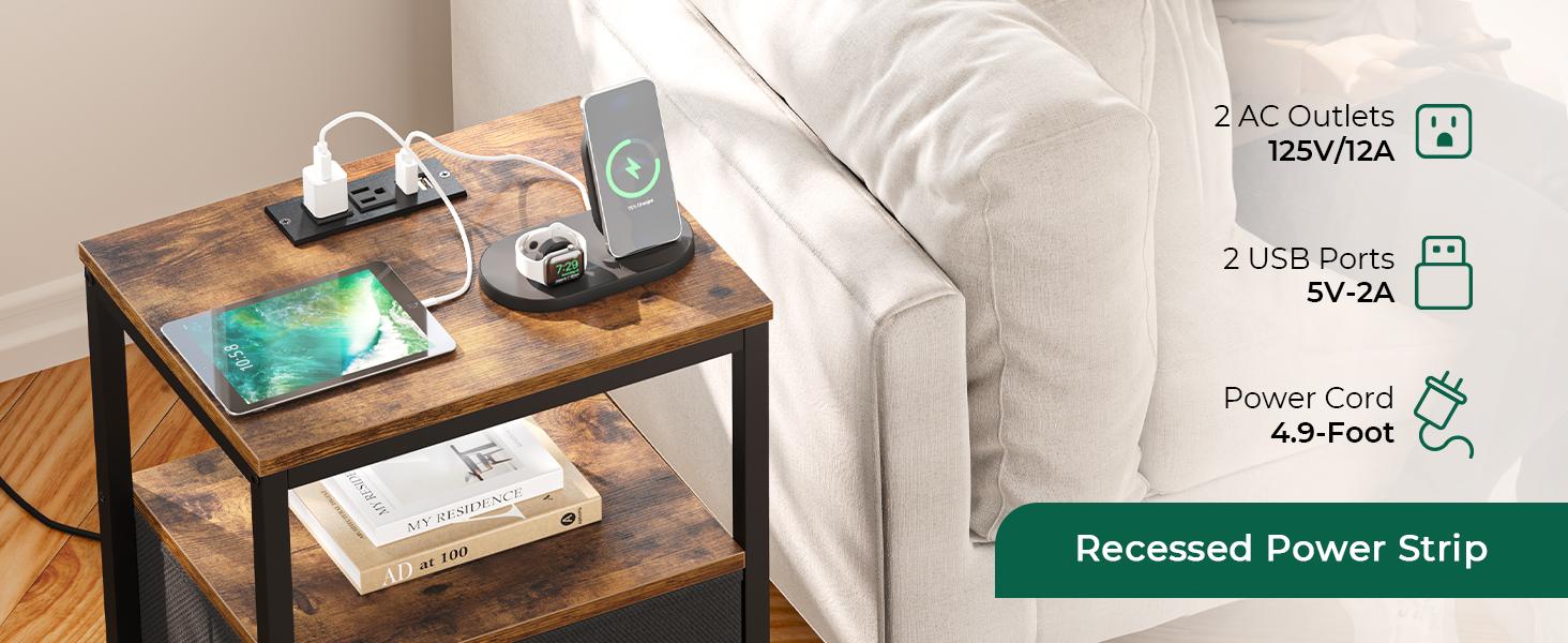 Huuger Nightstand with Charging Station, Side Table with Fabric Drawers, End Table with Open Shelf, Bedside Table with USB Ports and Outlets, Night Stand for Bedroom