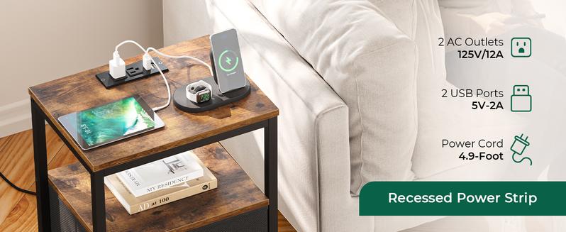 Huuger Nightstand with Charging Station, Side Table with Fabric Drawers, End Table with Open Shelf, Bedside Table with USB Ports and Outlets, Night Stand for Bedroom