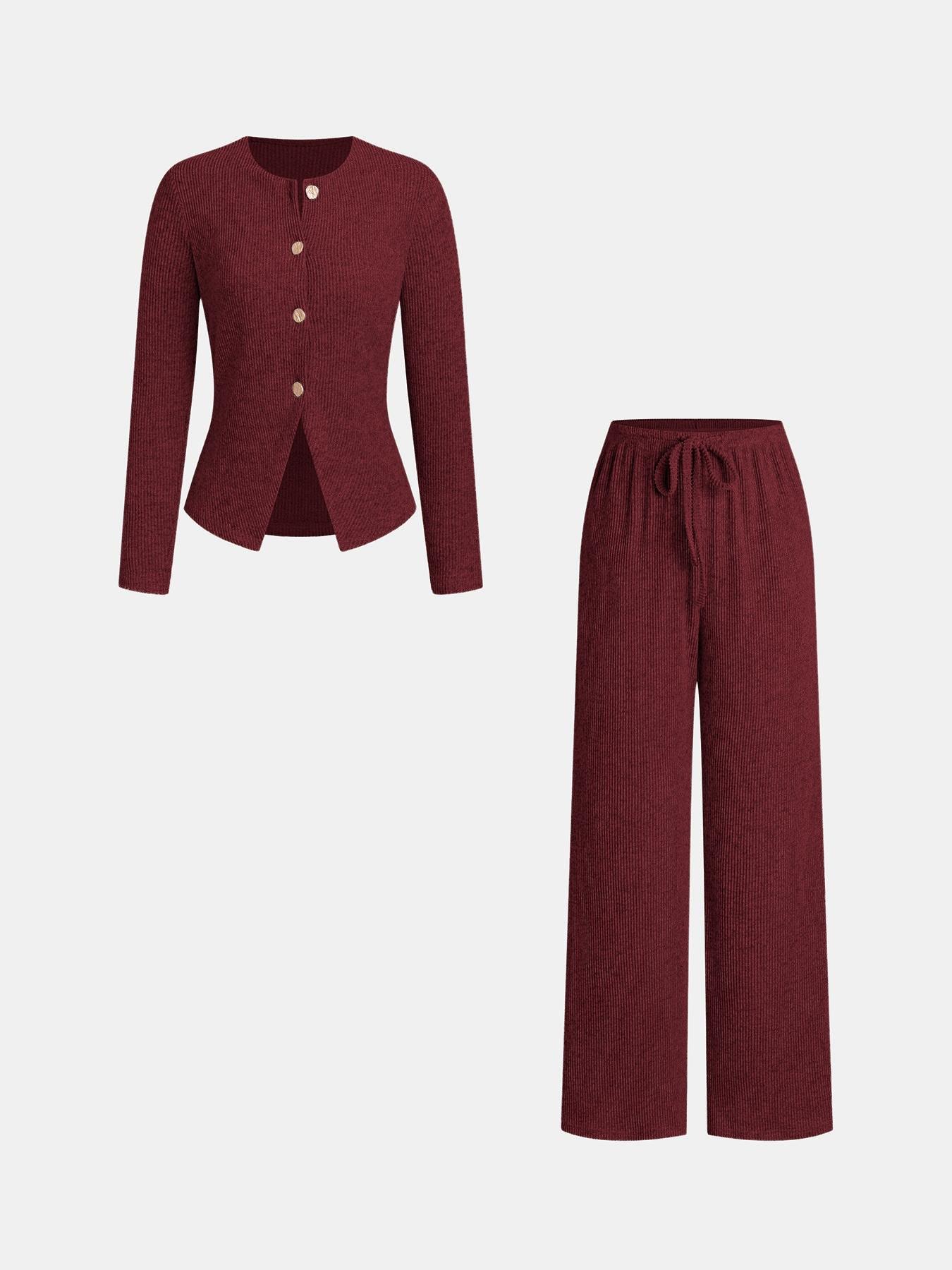 Women's Autumn Winter Set, Knitted Long Sleeve Boat Neck Top with Buttons & Ribbed Long Pants, Casual Loose Fit for Ladies