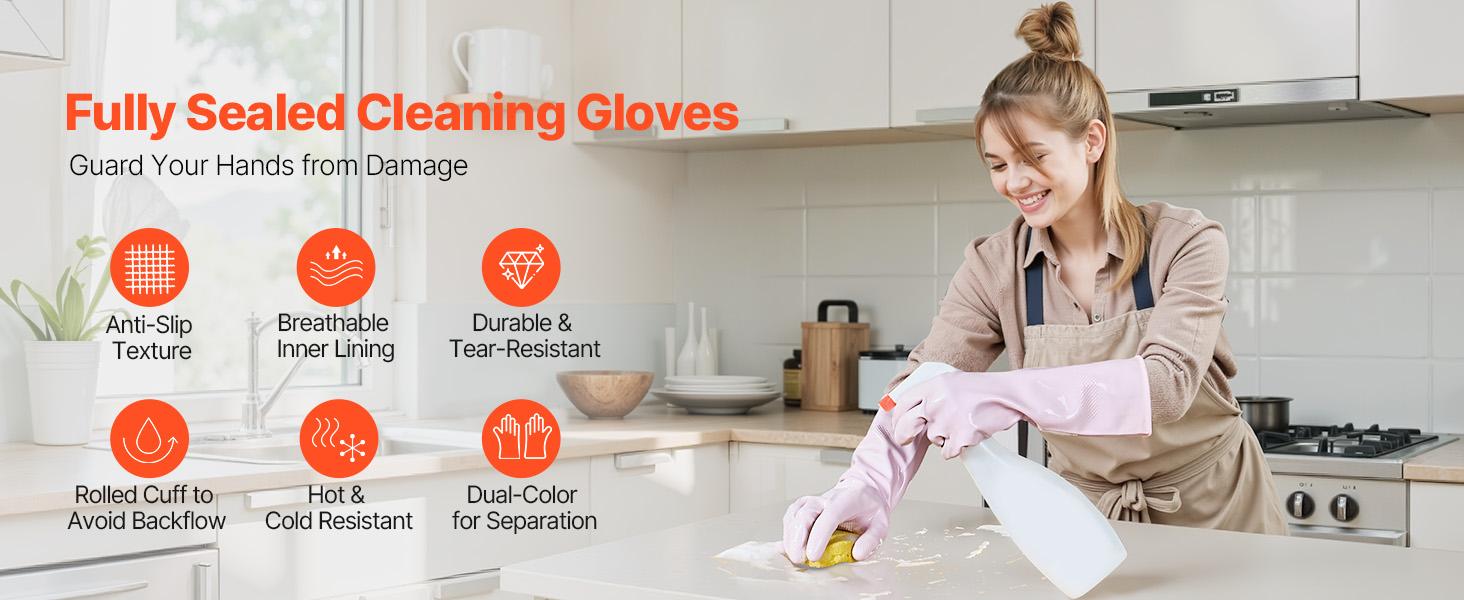 VEVOR Reusable Dishwashing Gloves, 2 Pairs Colorful Reusable Household Kitchen Cleaning Gloves for Washing Dishes and Cleaning Tasks, Flexible Long-lasting and Non-Slip, Medium, Pink+ Purple