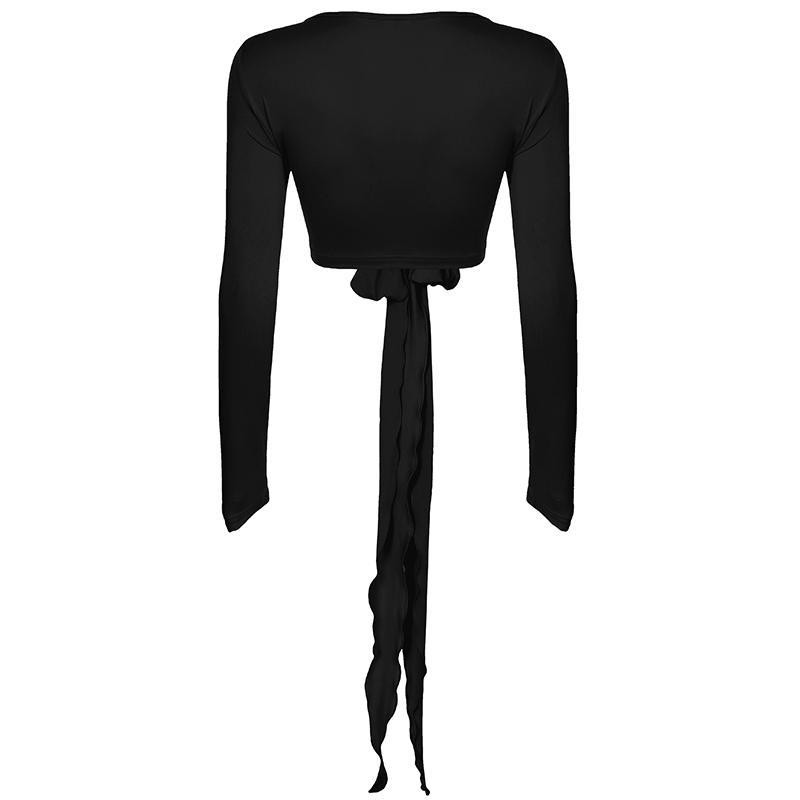 Women's Solid Color Crop Tee, Casual V Neck Long Sleeve T-shirt for Summer, Women's Clothing for Daily Wear