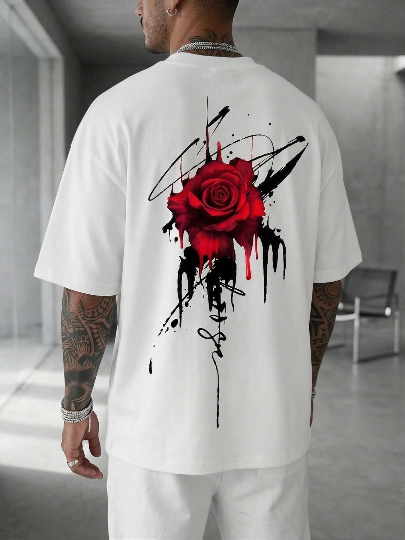 Doodle Rose Print Crop T-Shirt, Artistic Romantic Style, Casual Fitted Design, Daily Wear, Trendy Art Lover Clothing, Street Fashion