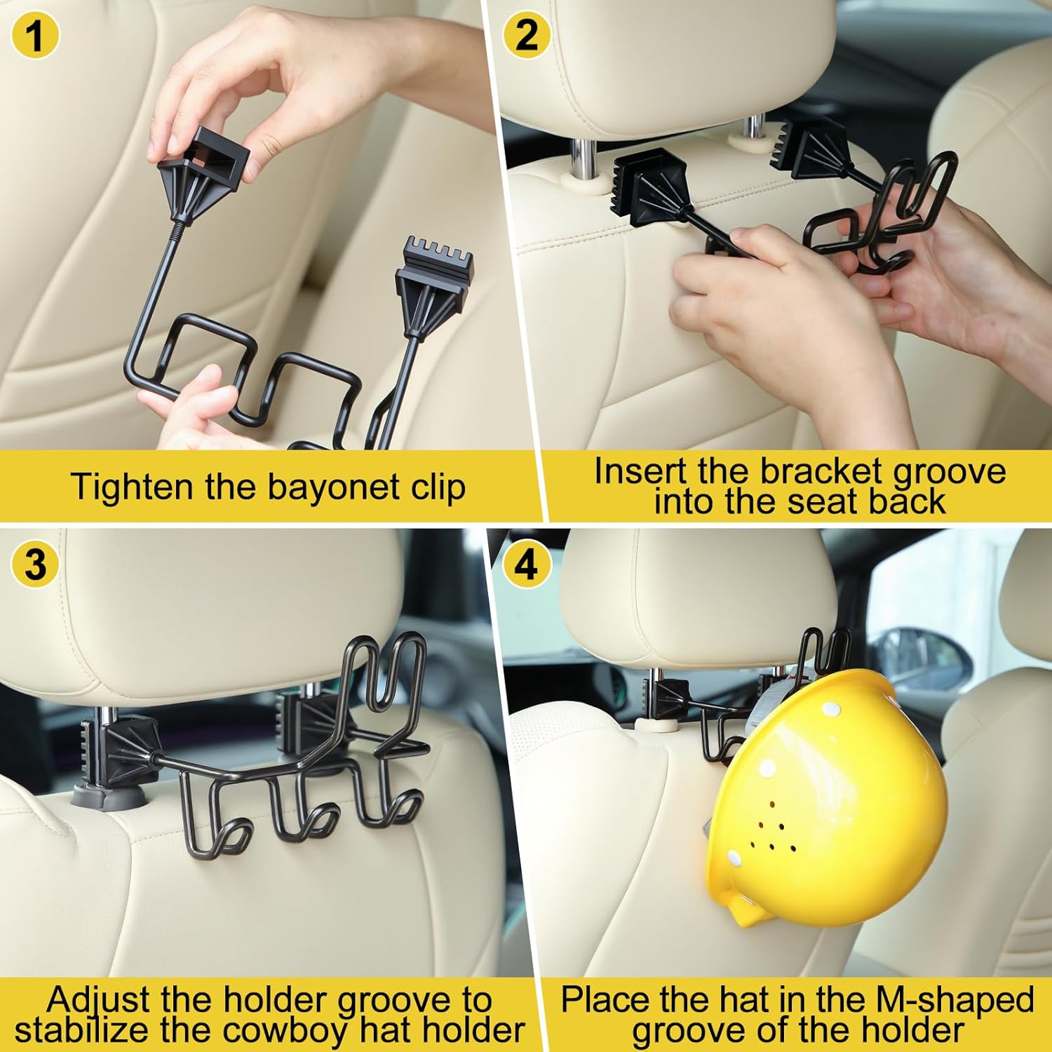 Black Headrest Hard Hat Holder Mounting Rack for Trucks/Cars - Steel Frame, Rubber Coated Triple Hooks, 1-Piece Safety Gear Organizer for Safety Helmets,Caps,Jackets,Tool Bags,Tools - Patent Pending Accessory
