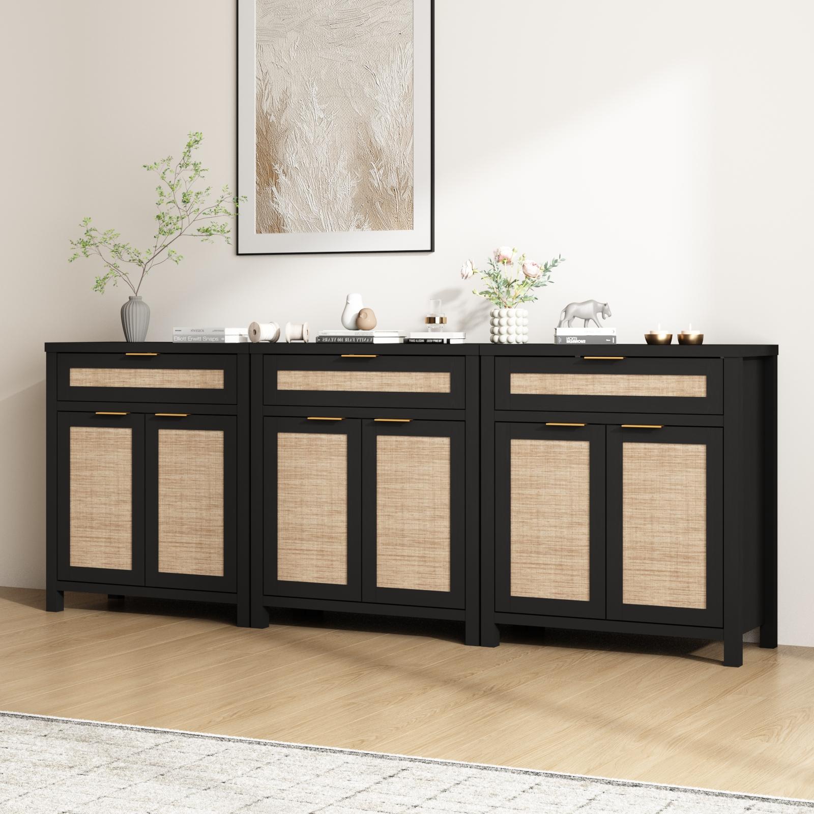 PieDle Furniture Rattan Crafted Storage Cabinet with Adjustable Dividers, Bohemian Style Buffet for Multiple House Areas like Kitchen, Hallway & Living Room