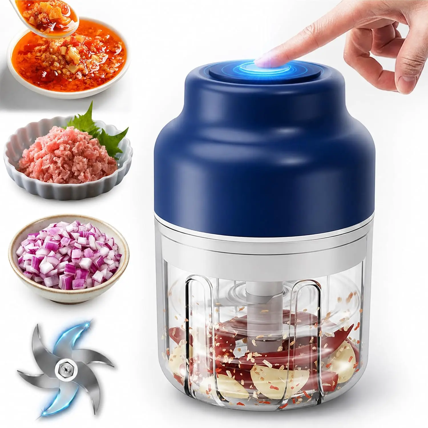 2026 Mini Electric Garlic Chopper - 320ml, 6 Stainless Steel Blades, Efficient for Mincing Food, Onion, Ginger & Nuts (Blue)