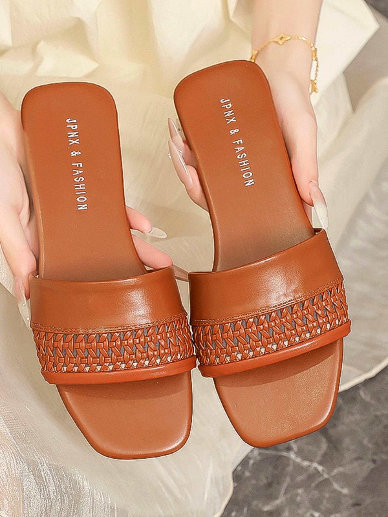 Women's Braided Hollow Out Square Toe Sandals, Casual Flat Slip-On Shoes, Trendy Summer Fashion Footwear