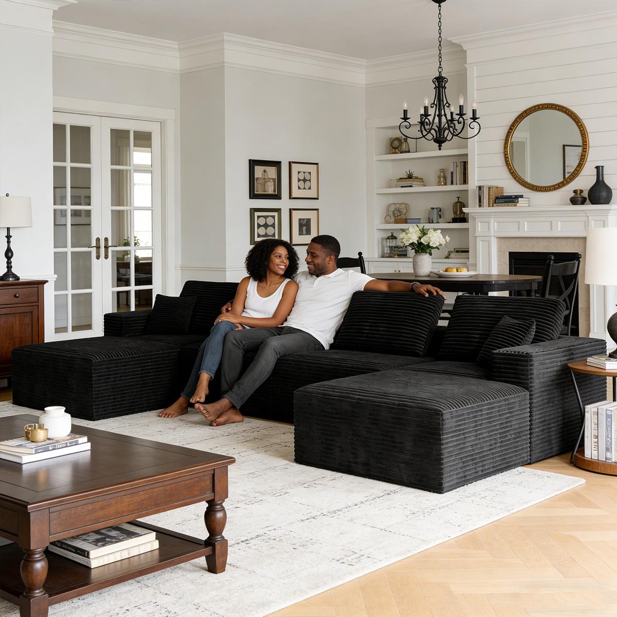 141.73"x70.87'' Boneless Couch Modular Sectional Sofa ，Oversized Cloud Couch Sectional with Deep Seats, Free Combination，Wide-Strip Corduroy Fabric, Compressed No-Assembly Couches for Living Room