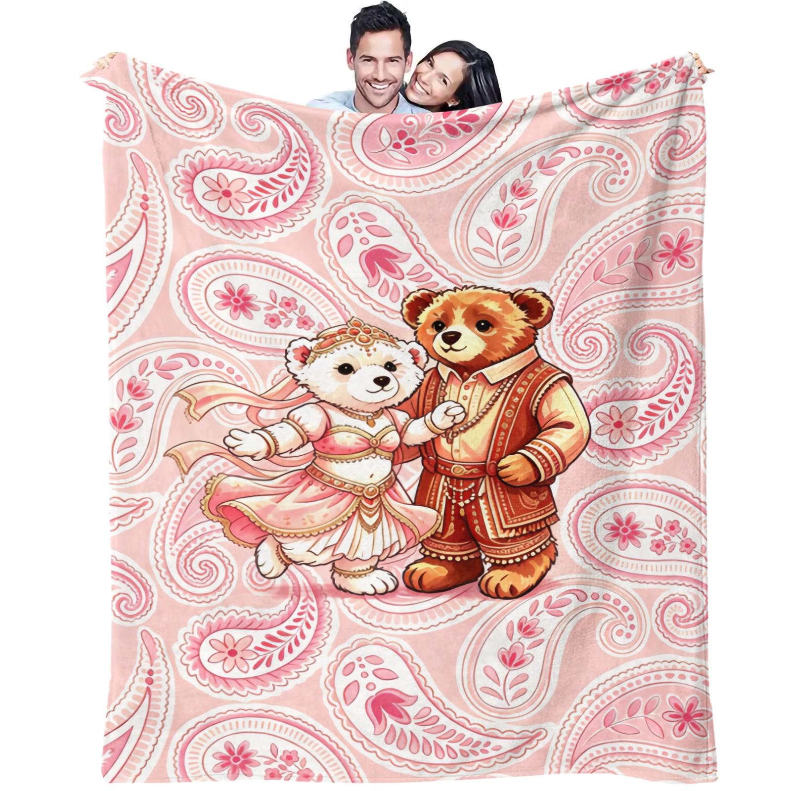 Ethnic Couple Bear Throw Blanket, Soft Skin-Friendly Plush Fleece, Lightweight Cozy, Pink Paisley Floral Print, for Couch Bed Office, All Seasons, Aesthetic Room Decor, Perfect Gift