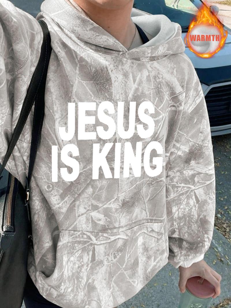 Unisex Jesus is King Letter Print Casual Branch Long-Sleeved Fleece-Lined Loose Hoodie, Clothing suitable for spring and autumn，suitable for streetwear, Y2K style, couple outfits,Casual Daily Wear