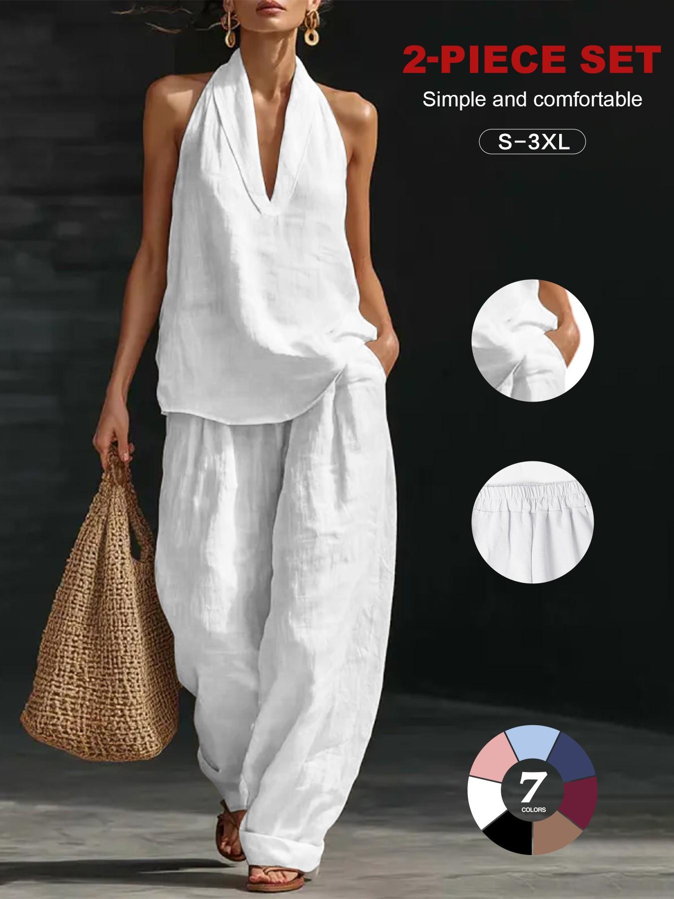 Women's Linen Sets 2 Piece Summer, Casual Sleeveless Lounge Set, Ankle Length, Loose-Fitting, Beach Vacation Clothes