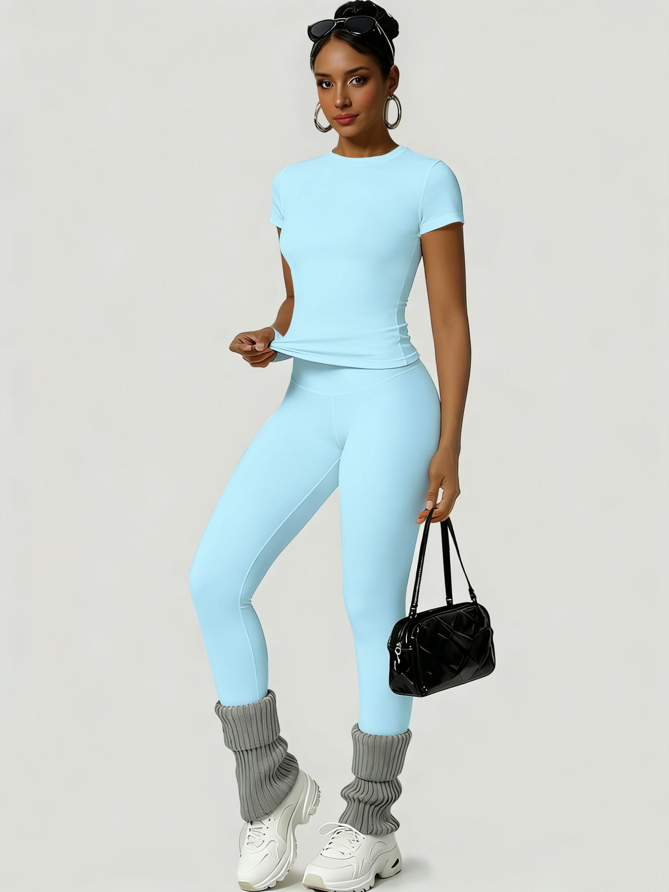 Women's Sportswear Set, Workout Gym Clothing, Training Clothes, Slim-Fit Round Neck Short Sleeves & High-Waisted Yoga Pants, Ideal for Gym Running Outdoor Activities