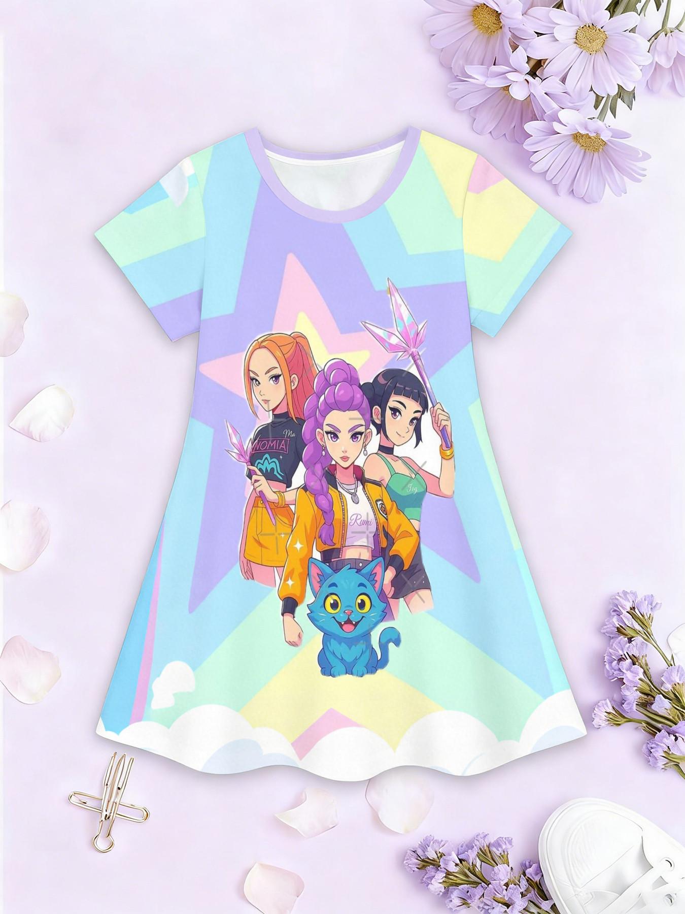 Girls' 3D Kpop Dress, Macaron Color Star Cloud Print A-Line Skirt, Perfect for Parties, Festive Gifts, Birthday Presents