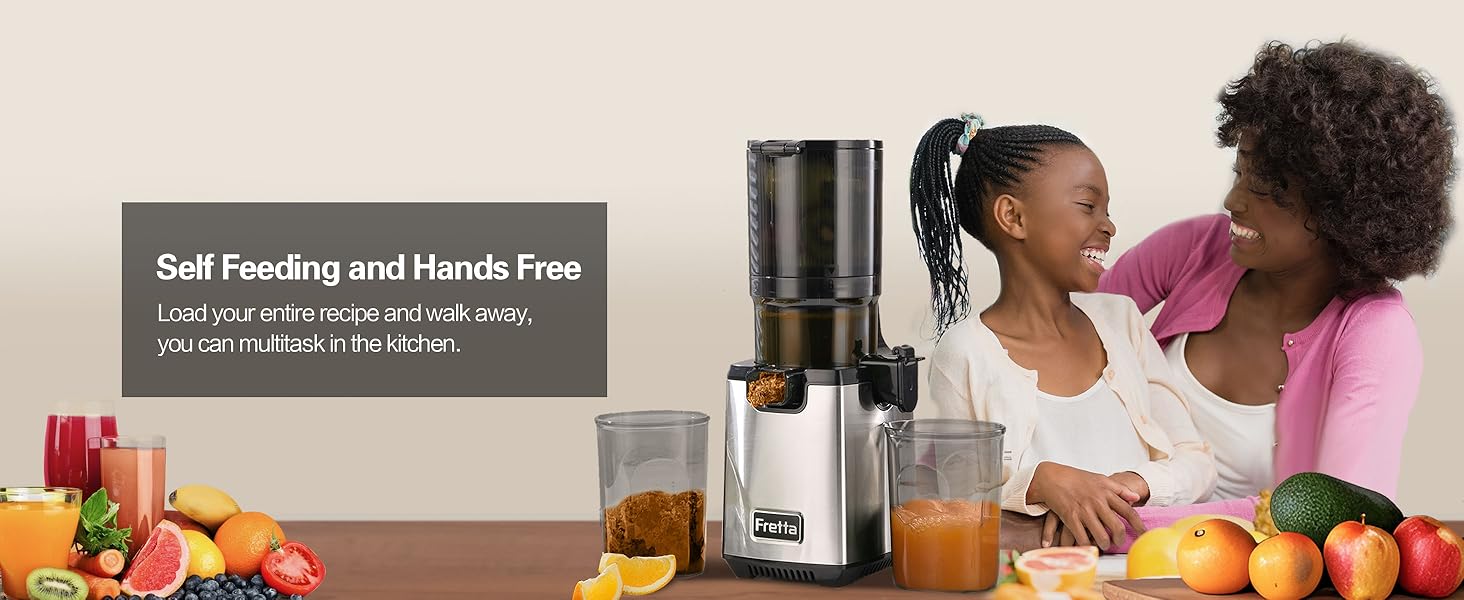 FRETTA cold pressed juicer with 5.3" Feed Chute, Slow Masticator Chute, For Whole Vegetables and Fruits, High Yield, Easy to Clean Springtok Steel