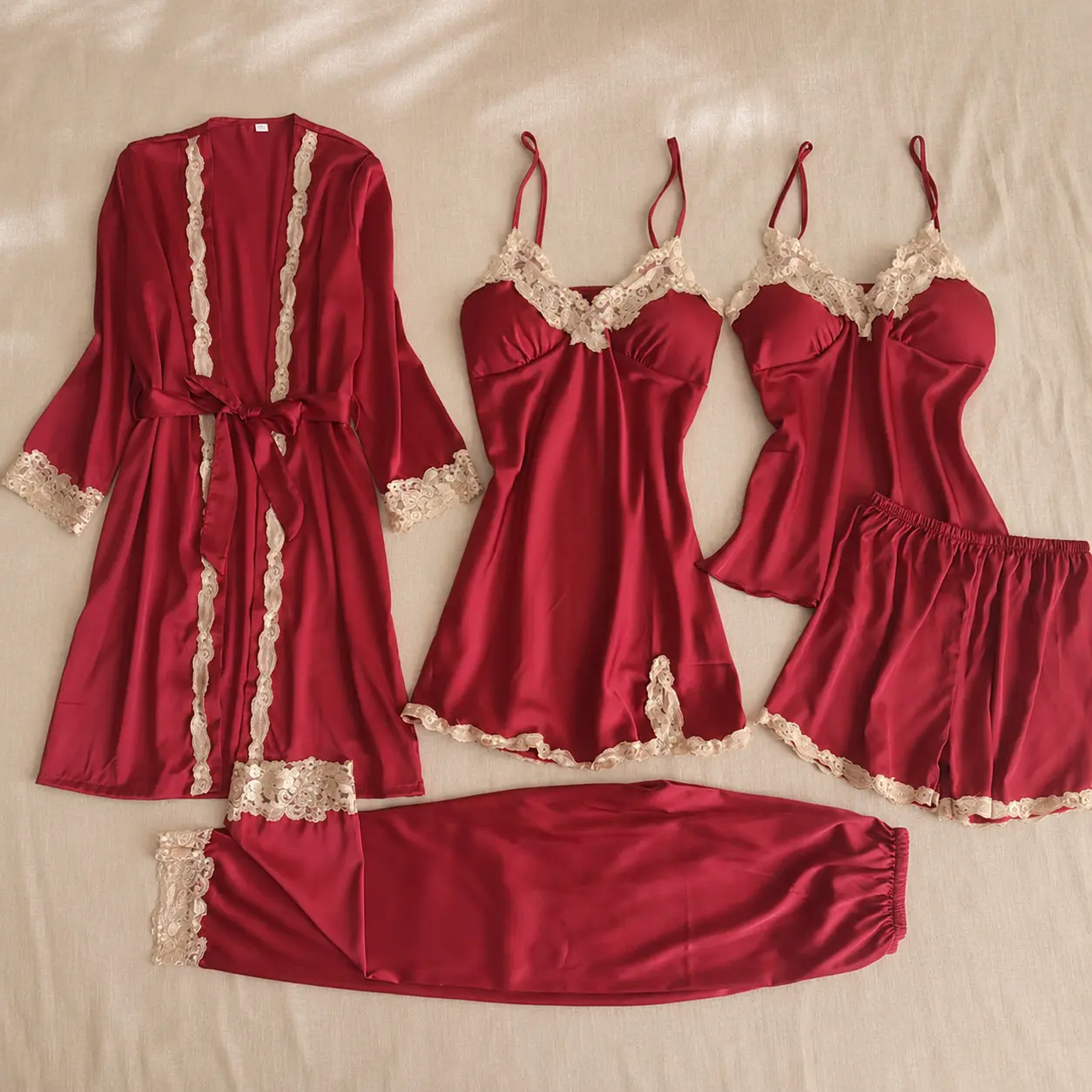 Women’s 5 Piece Satin-Look Pajama Set with Lace Trim, Cami Top, Short Nightgown, Shorts, Long Pants and Belted Robe, Elegant Sleepwear and Loungewear for Travel and Relaxing at Home, S-4XL