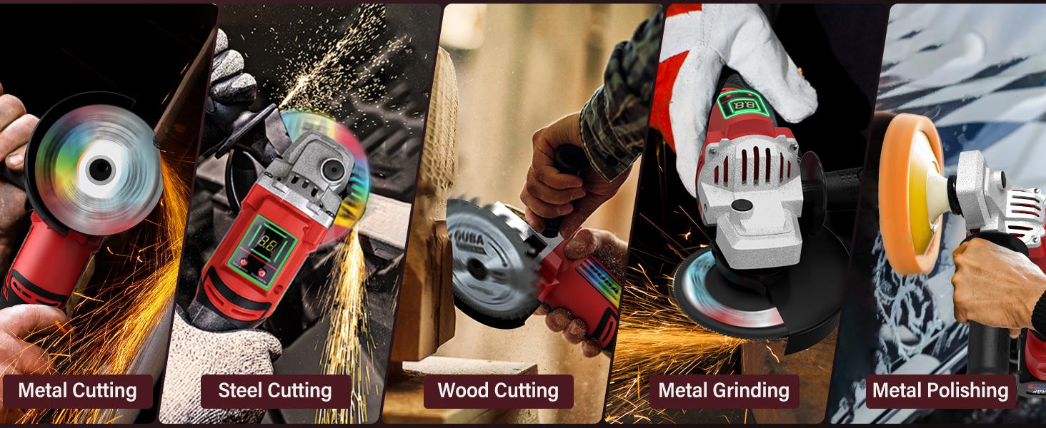 FathersDayGift OUBA 20V Cordless Angle Grinder – Compatible with Dewalt Battery, 4.0Ah, 6-Speed, LED Display, 4-1/2" Wheel, Grinder Stand, Red