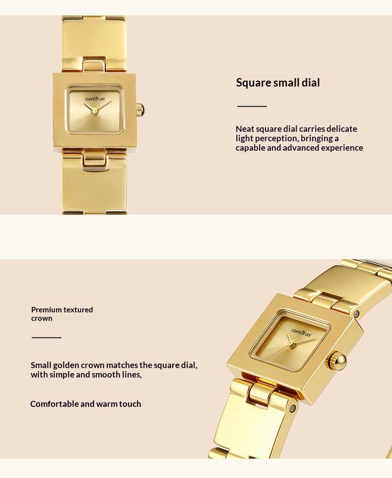 Ladies' luxurious square watch, designed with gold and silver colored stainless steel, with 30-meter water resistance. This fashionable and elegant timepiece is an exquisite gift for her.