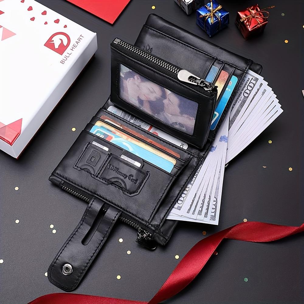 Genuine leather chain wallet for men, RFID-blocking short wallet, double zipper card holder, anti-theft coin pocket, ideal gift for men