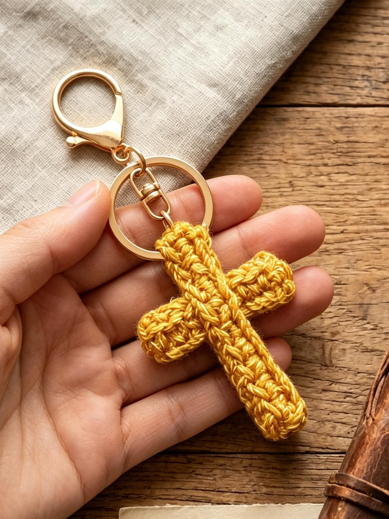 A handmade crocheted cross keychain charm, suitable for everyday wear, vacation dates, and other occasions, and also a delightful little gift that brings surprise.
