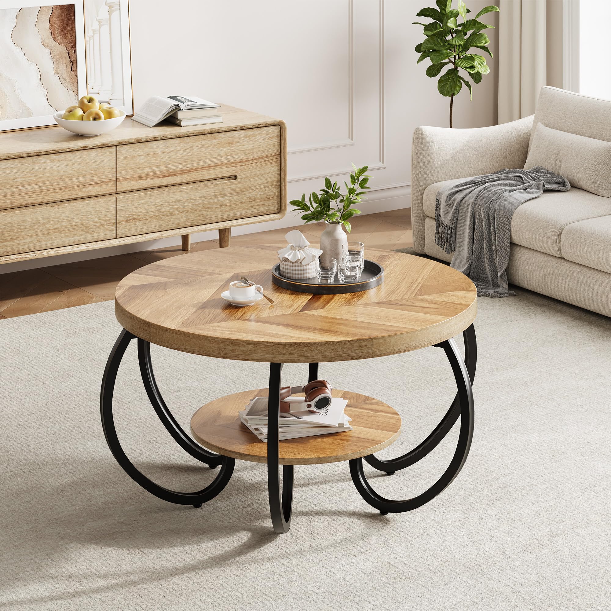30 Inch Round Farmhouse Coffee Table with Storage Shelf, 2 Tier Rustic Wood Center Table with Curved Metal Legs, Compact Living Room Furniture for Small Spaces Apartments Office