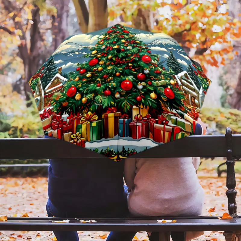 Festival Christmas Tree Printed New Universal Umbrella, Automatic Folding Umbrella, Portable Foldable Design Travel Umbrella, Outdoor Umbrella, Black Friday, Christmas, Birthday Gift C362