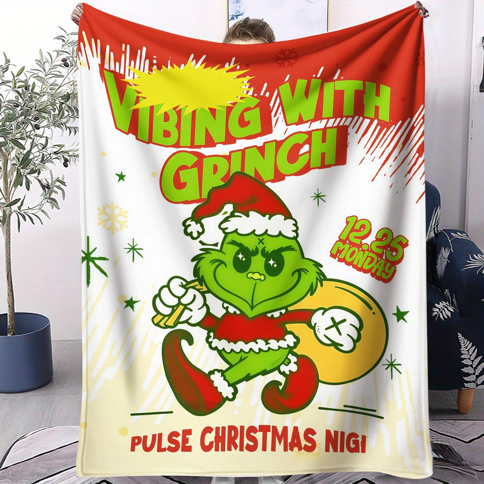 Christmas Grinch and Max pattern digital printed blanket, suitable for nap time blankets, is the perfect holiday gift for children, a single-sided printed blanket