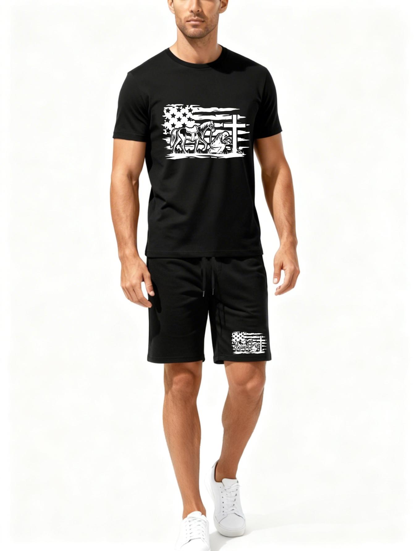 Retro Cowboy Prayer Theme Set with American Flag Elements, Front and Rear Printed Casual Short Sleeves+Shorts