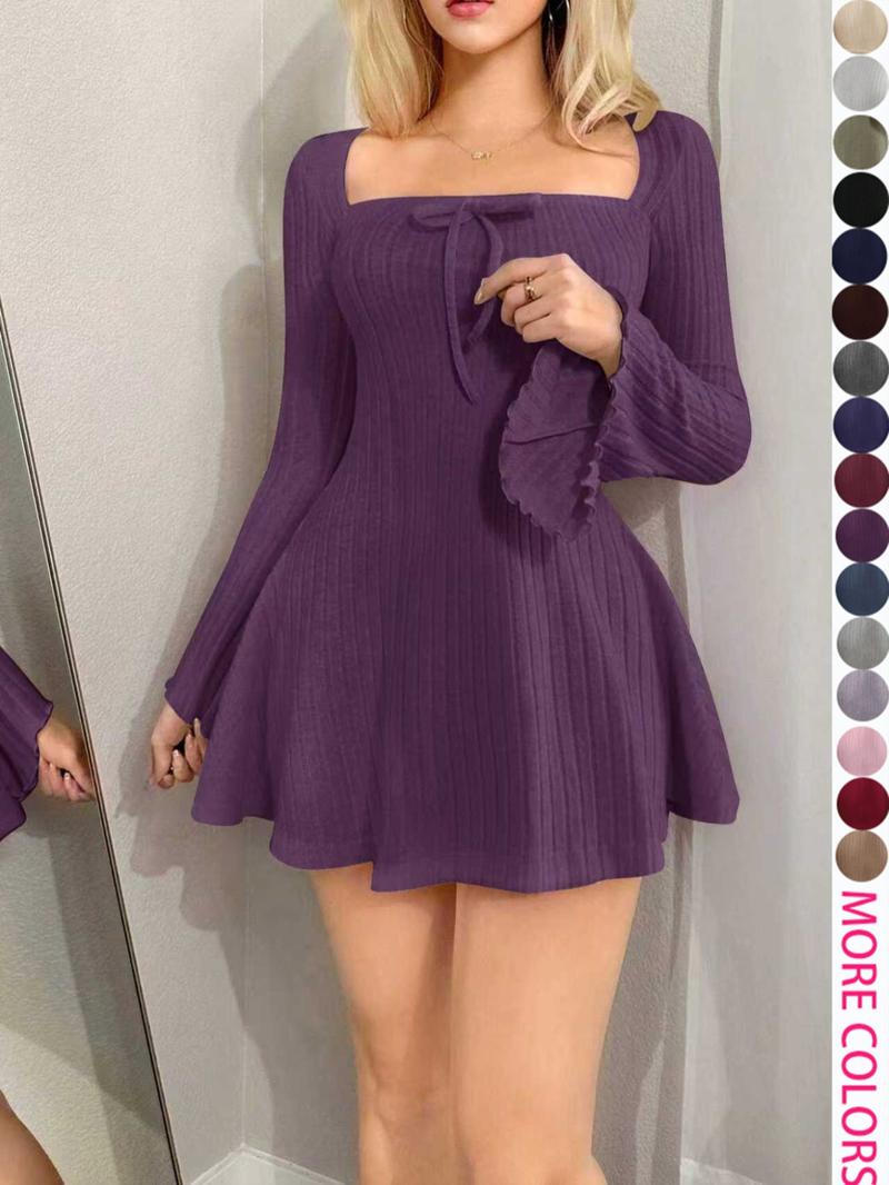 Y2K Style Women's Long Sleeve Mini Dress with Square Neck and Flare Sleeves, Casual for Spring & Fall