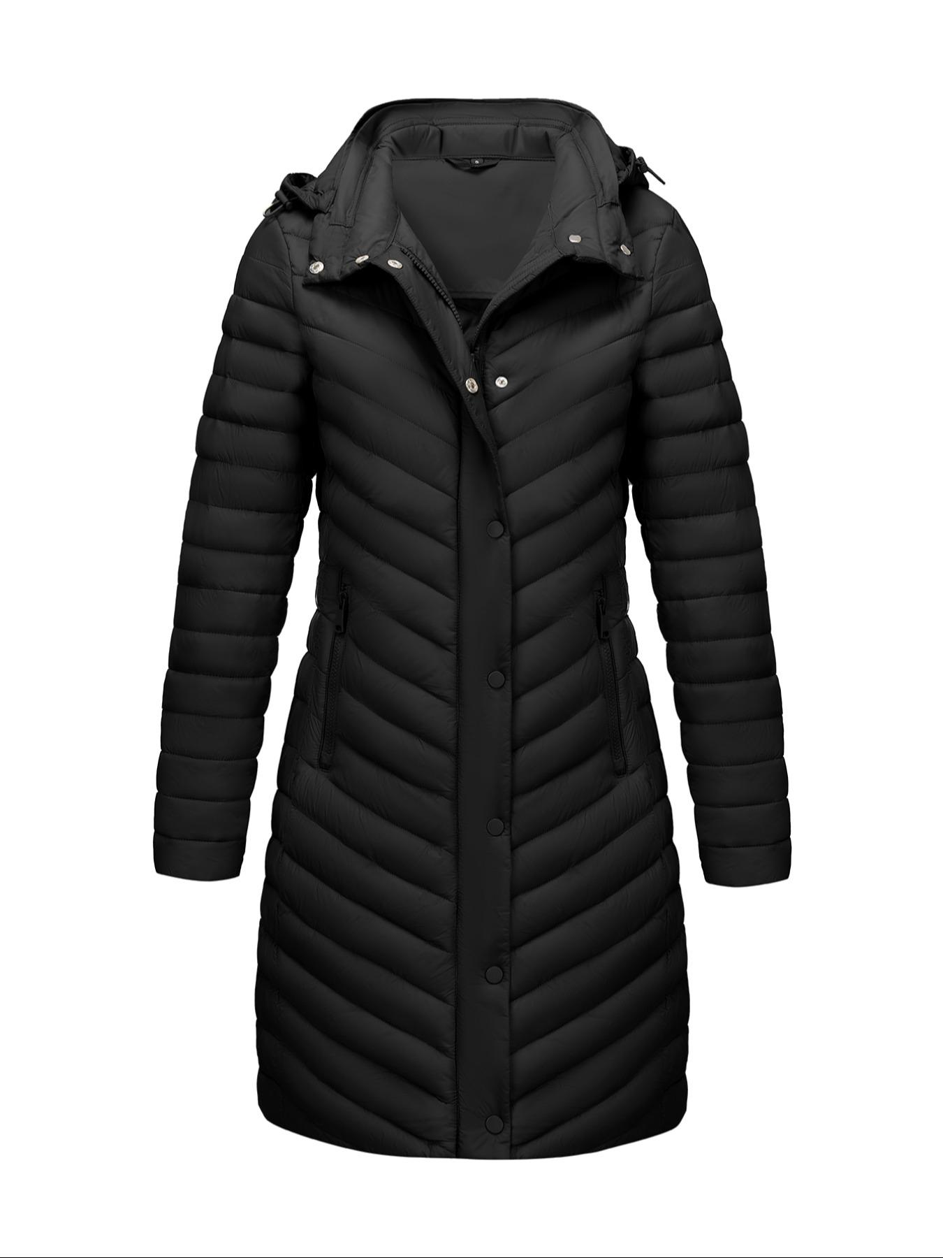 Women's Winter Mid-Length Hooded Casual Cotton Jacket, Simple Style Commuter Lightweight Outerwear for Fall & Winter, Fitted Plain Design