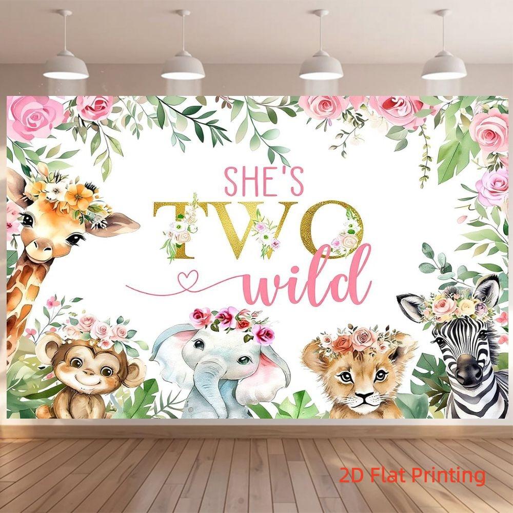 2D Flat 1PC Polyester She's Two Wild Backdrop Safari Animal Watercolor Floral Decor for Indoor & Outdoor Themed Party, Jungle Gathering, Photo Booth, Wall Decor, Home Decoration, Event Background, Available in Multiple Sizes