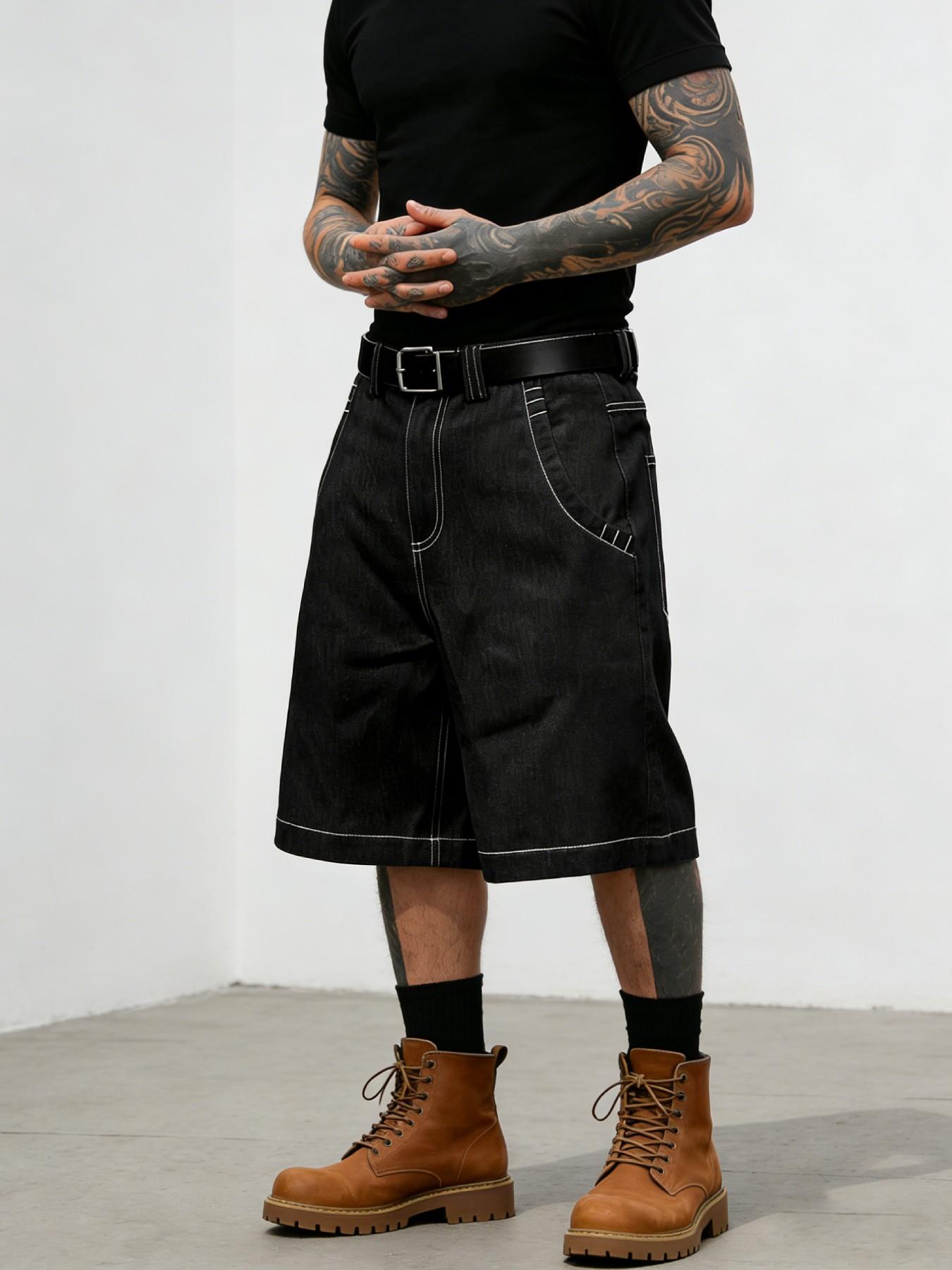 Men/women Loose Fit Wide Leg Denim Jean Bermuda Shorts, Street Style Hip-Hop Embroidered Floral Pants, Zipper Fly Pockets Design