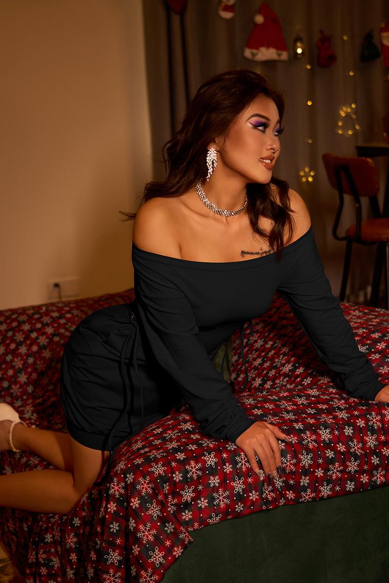 OYV Women's Sexy Off Shoulder Long Sleeve Lace Up Loose Club Mini Dress