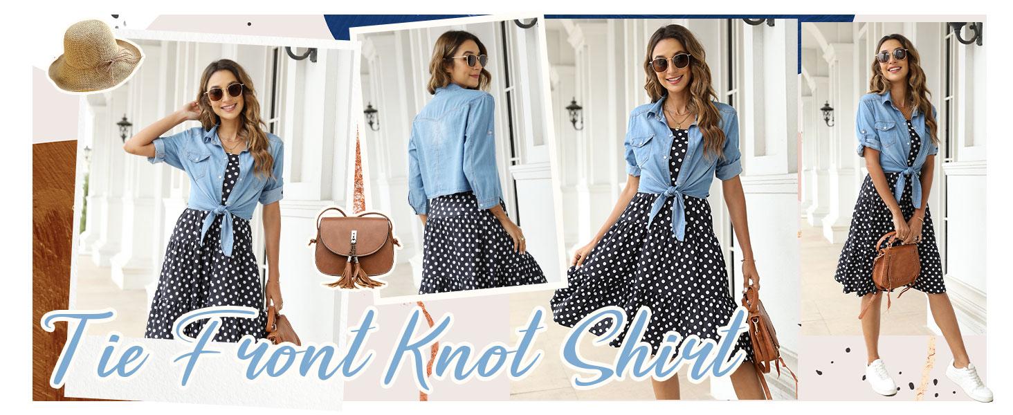 Ommig Women's  Denim Crop Top Tie Knot Shirt 3/4 Sleeve Cardigan