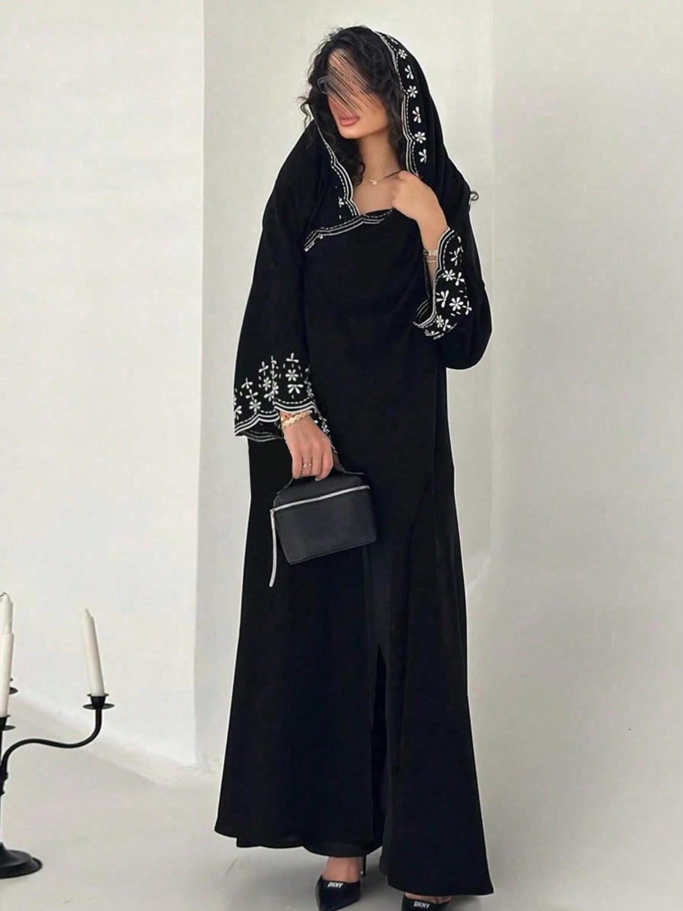 Hafizah New Women's Modest Fashion Embroidered Outerwear Cardigan, Trendy Style Casual Long Dress with Headscarf, All Seasons Oversize Loose Fit Clothes