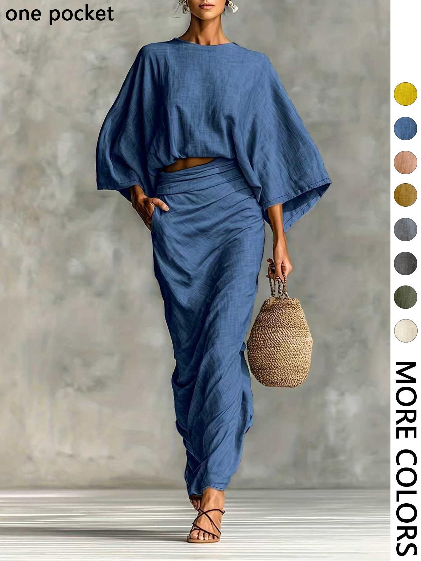 Women's Stylish Loose-Fitting Casual Two-Piece Set, Spring & Fall Comfortable Long Skirt with Waist Definition and Pocket one pocket