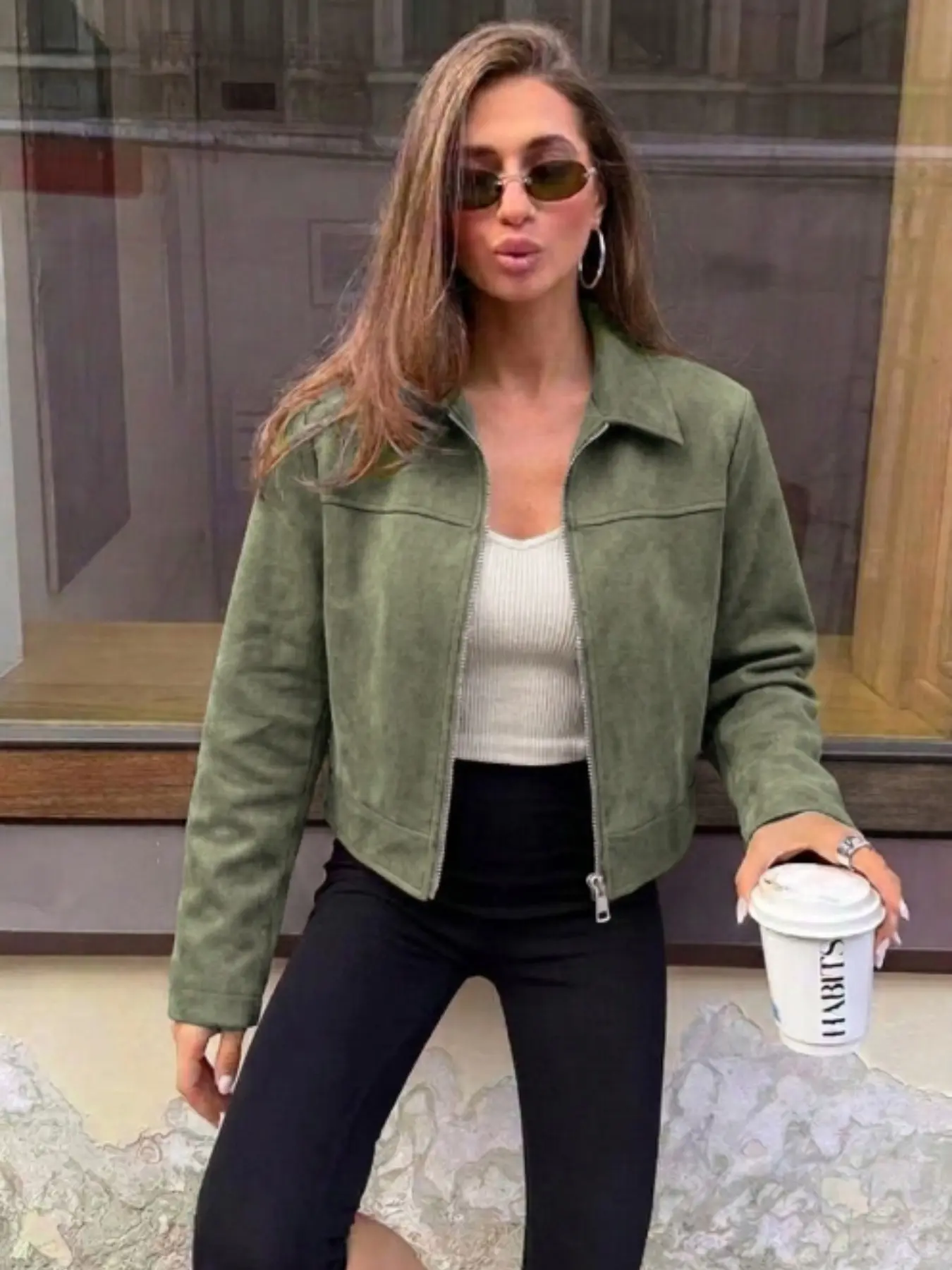 Women's Casual Solid Color Faux Suede Fleece Collar Zipper Short Jacket, Fall Winter Outerwear, Comfortable & Stylish Design